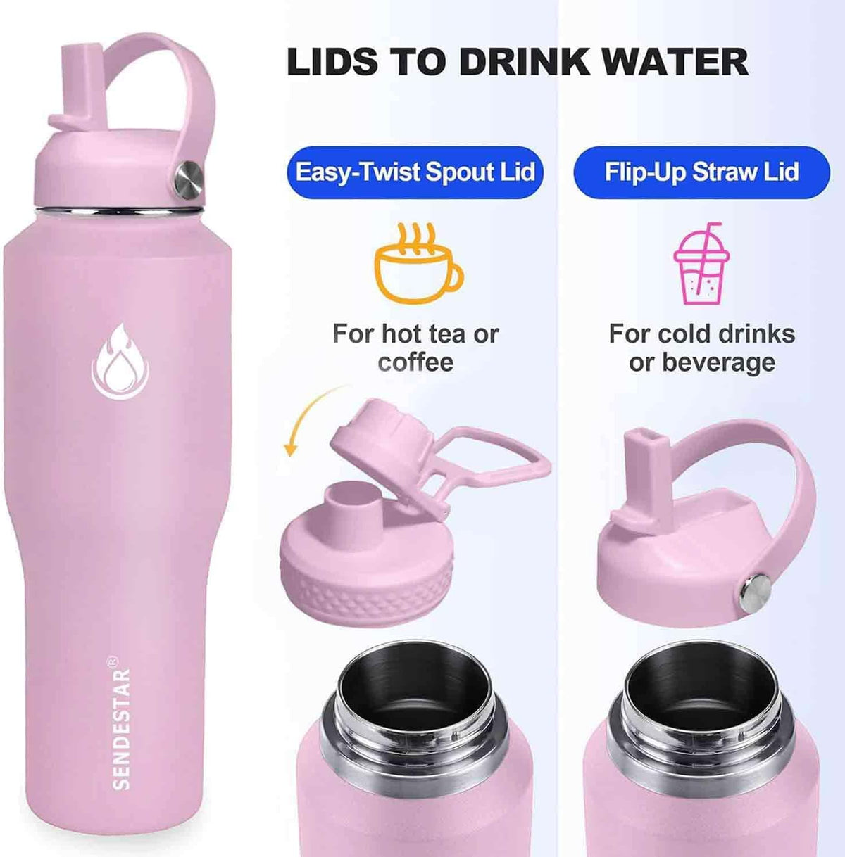 SENDESTAR 32oz Water Bottle Wide Mouth Stainless Steel Vacuum Insulated Double Wall with 2 Straw Lids Fit in Any Car Cup Holder TXIN-32-PH-1