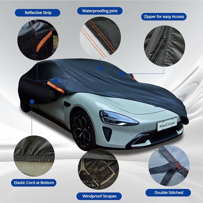 6 Layer Heavy Duty Car Cover Waterproof All Weather Protection with Cotton Liner, Universal Fit Lincoln MKZ, Chrysler 300, Tesla Model S, Cadillac CTS CT5, Dodge Challenger Charger