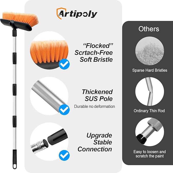 65" Car Wash Brush with Extension Pole, Car Wash 10” Dip Soft Brush, No Scratch Car Cleaning Brush Supplies for RV Boat Truck SUV, House Siding, Snow, Floors, Extension Aluminum Alloy