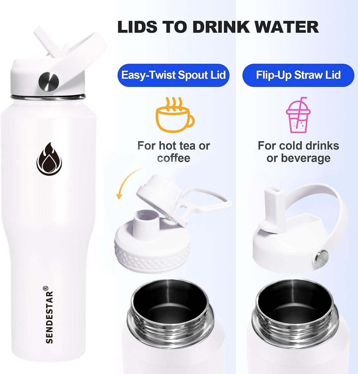 SENDESTAR 32oz Water Bottle Wide Mouth Stainless Steel Vacuum Insulated Double Wall with 2 Straw Lids Fit in Any Car Cup Holder