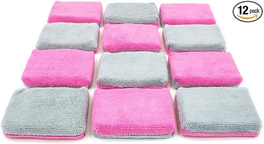 Autofiber Thin [Saver Applicator Terry] Ceramic Coating Applicator Sponge | 12 Pack | with Plastic Barrier to Reduce Product Waste. (Pink/Gray)