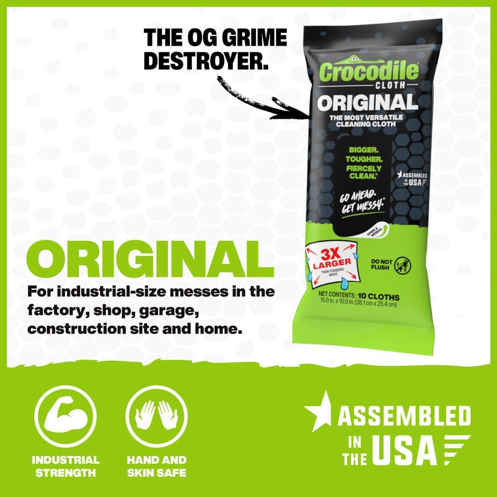 Crocodile Cloth Original Cleaning Wipes – 10 (15” x 10”) Hand & Tool Industrial Cleaning Wipes – Large Multi-Surface Cleaning Cloths, Water-Based Solution with Extreme Cleaning Power — Safe on Skin