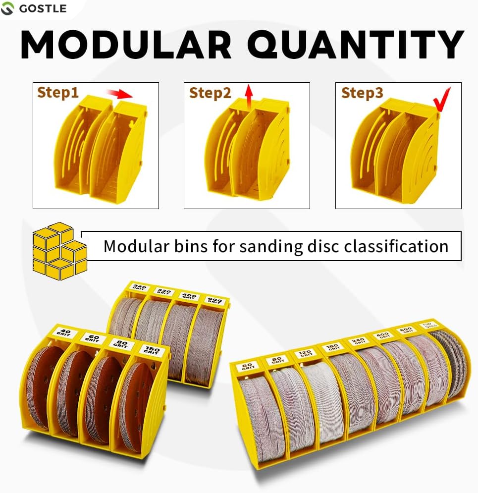 5 Inch Professional Sanding Discs Storage Bins - 10 Bins Set for Efficient Organization, Offset Snap-On Connection, Grit Classification, Space-Saving Design and Versatile Application, Yellow