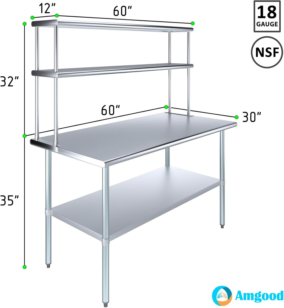 Amgood Stainless Steel Work Table Double Tier Overshelf | Metal Kitchen Prep Table & Shelving Combo (30" x 60" Work Table + 12" Overshelf)