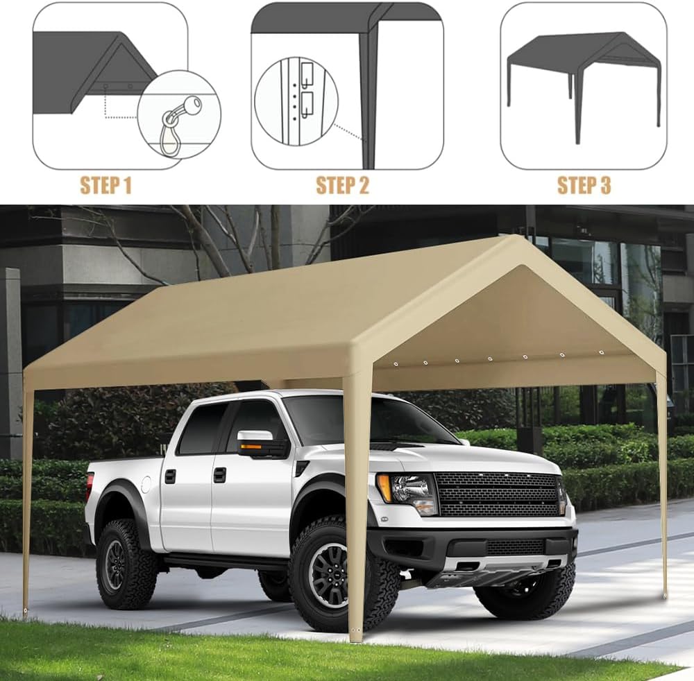 Rutile 12 x 20 FT Carport Replacement Cover, Heavy Duty Car Tarp Canopy Tent Garage Top Shelter Cover with Fabric Leg Pole Skirts and Ball Bungees Beige (Only Top Cover, Frame is not Included)