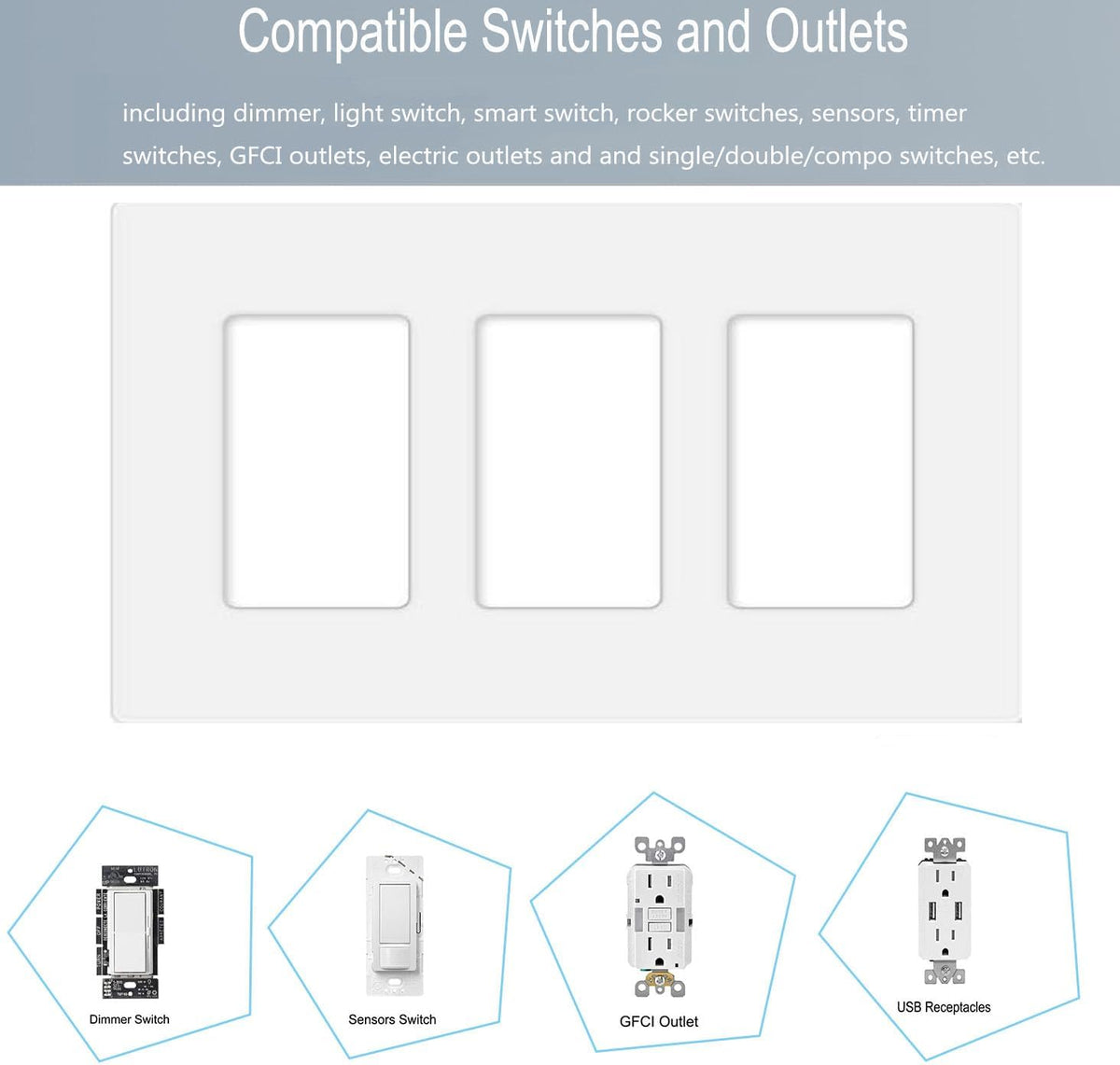 3-Gang Screwless Decorator Wall Plate Cover Switch Outlet Electrical Faceplate for Light Switche, Smart Switch, Receptacle, Dimmers, USB Outlet, GFCI, Child Safe Cover Plate, White (6-Pack)