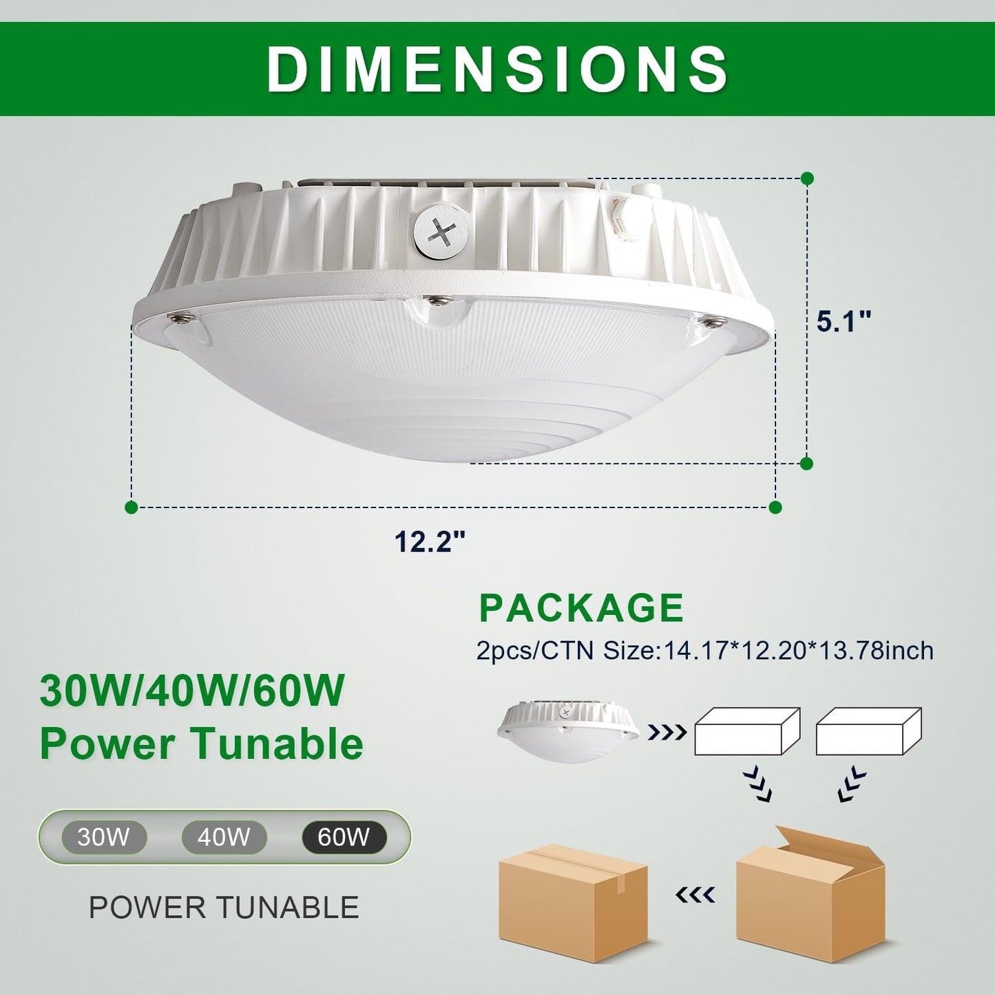 OSTEK LED Garage Light 30W/40W/60W LED Carport Canopy Lights 5000K 90-277V IP65 Commercial Residential Lights DLC & UL Listed