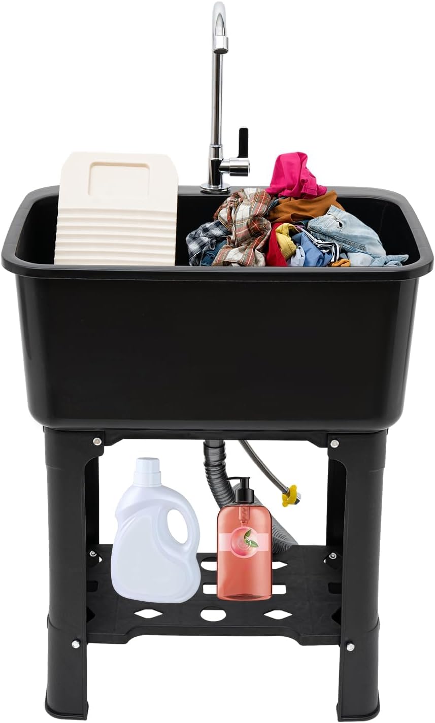 Free Standing Utility Sink with Washboard Laundry Tub Sink for Outdoor,Garage,Basement,Garden wuth Faucet,Drain,Storage Shelf (Black, 23.6 * 15.8 * 30.1in)