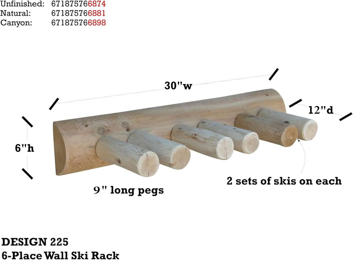6-Place Log Ski Rack Wall Mount, Indoor Ski Storage Rack for Garage Organizers, Wooden Skis Wall Mount Storage Racks, Pole Skis Sports Racks, Garage Organization Walls - Canyon Brown