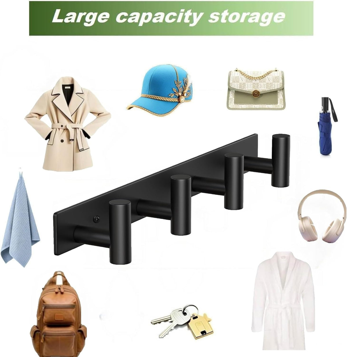Wall Mounted Coat Rack-4 Hooks, Heavy Duty Stainless Steel Hook Rail for Towel Coat Hat Purse Bag Jacket, Towel Hooks for Entryway Bathroom Kitchen (Black 4 Hooks - 1 Pack)