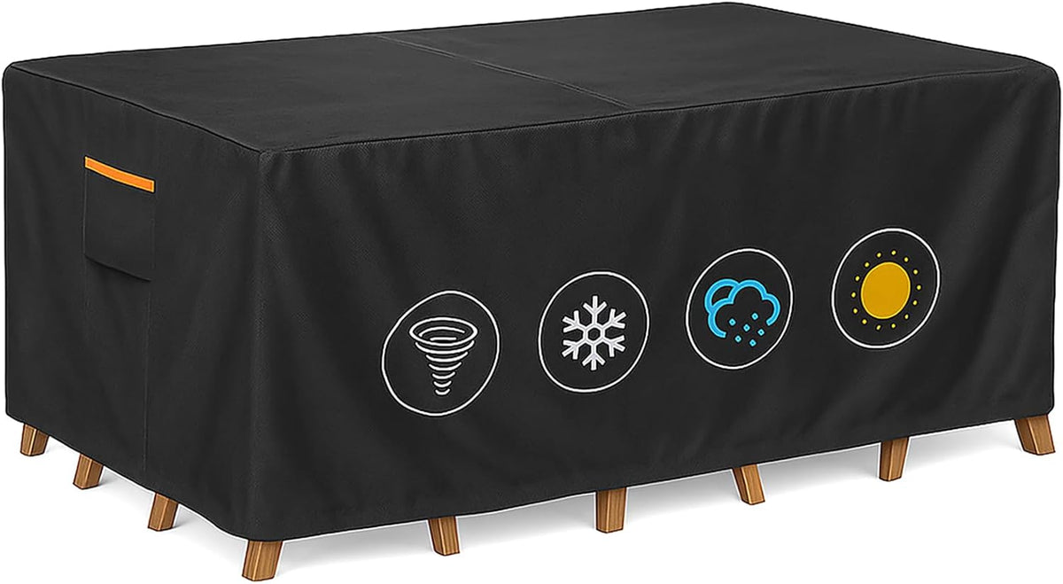 Outdoor Waterproof Furniture Cover, 64W x 52L x 28H inches Heavy Duty 600D Rectangular Table and Chair Set Protection, Black