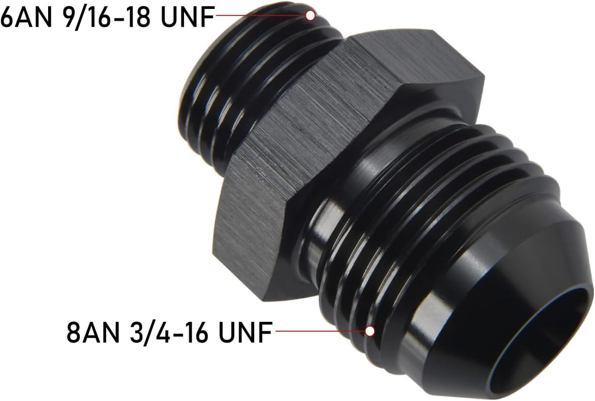 8AN Male Flare to 6AN ORB O-ring Boss Fuel Pump Rail Adapter Fitting Aluminum Black, Pack of 2