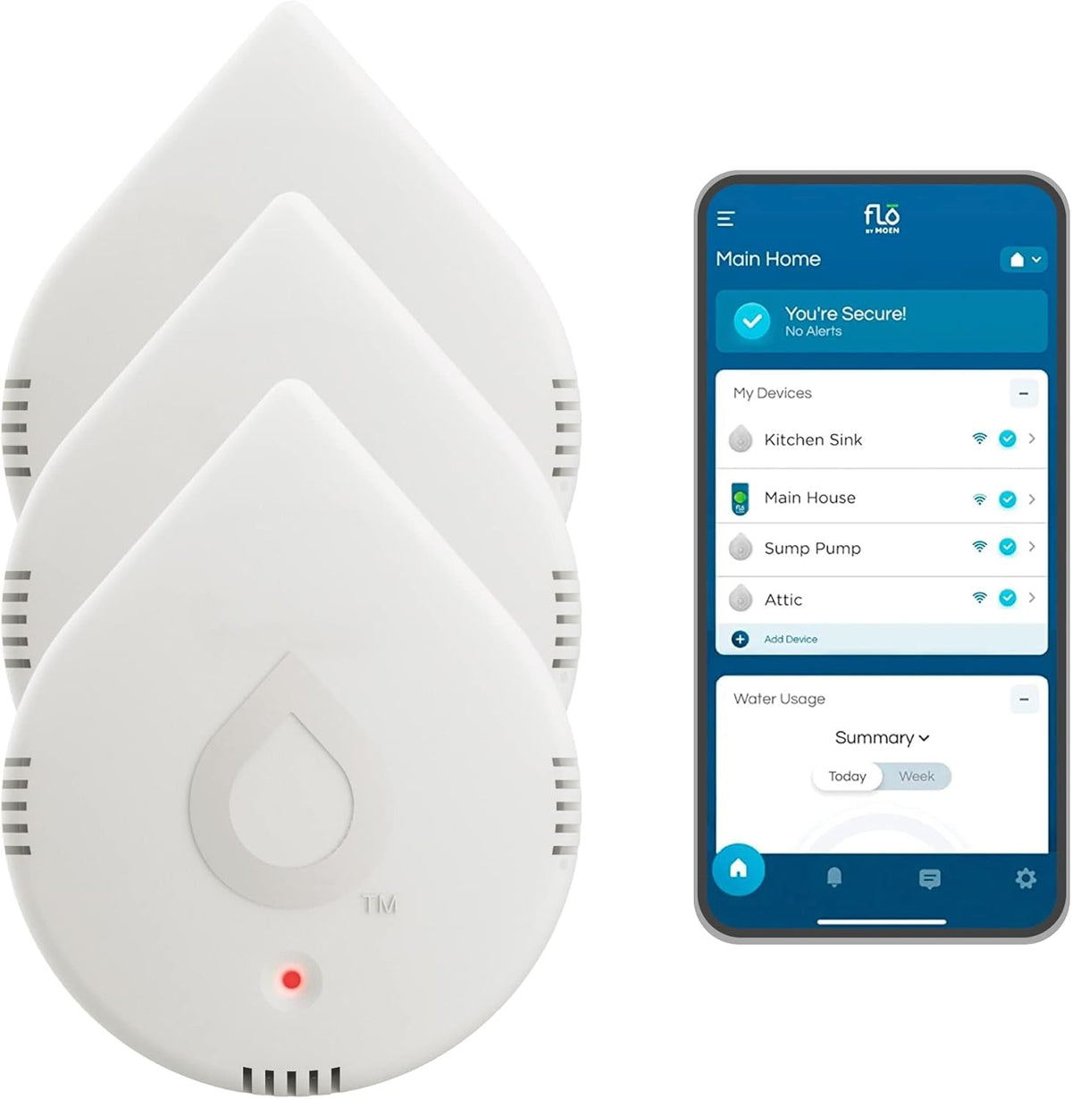 Moen 920-005 Flo Smart Water Leak Detector, White, 3-Pack with 3-Pack 6-Foot Leak Sensing Cable