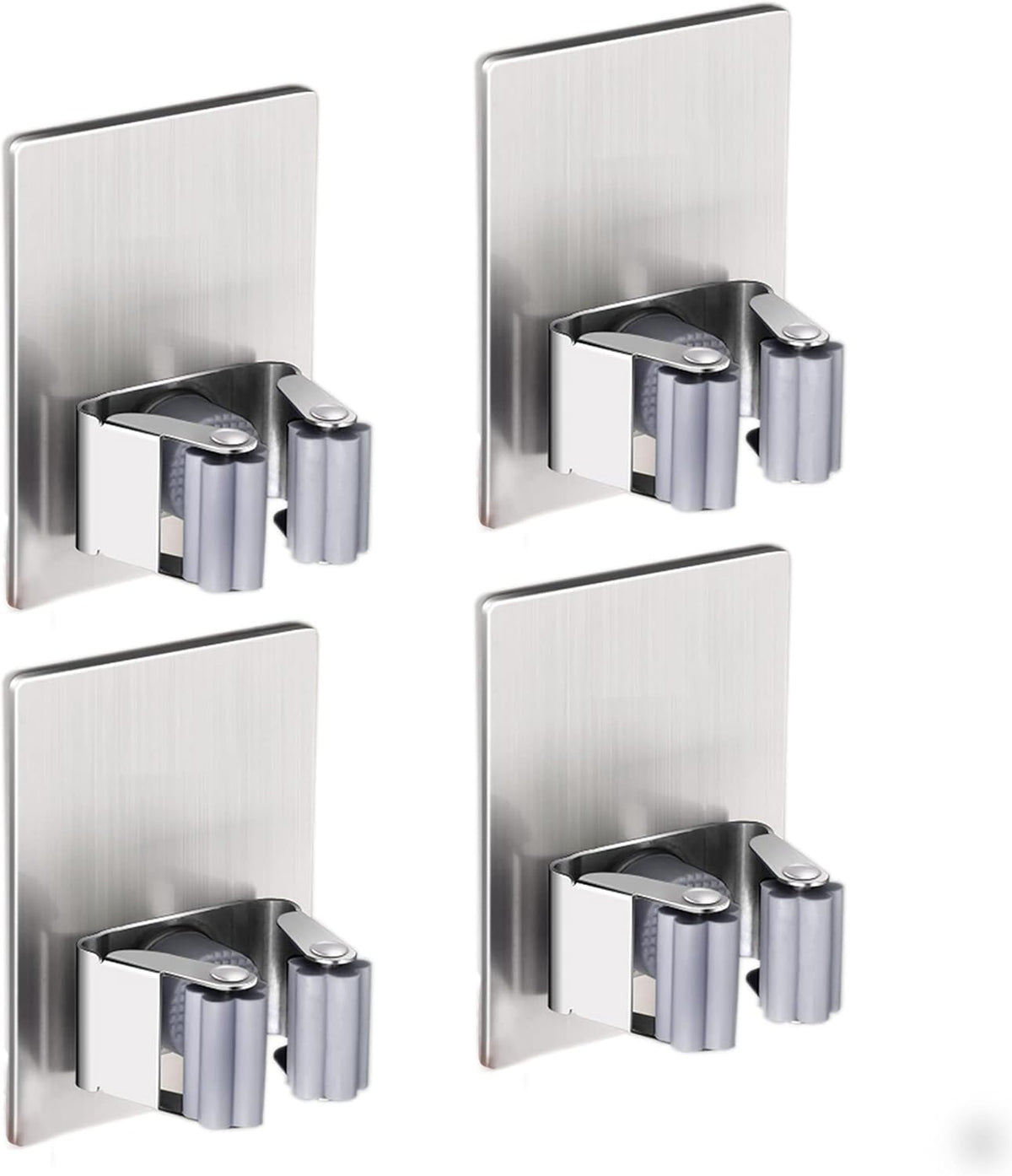 HANZE 4 Pack Stainless Steel Mop Broom Holder Organizer, Self Adhesive Wall Mounted Mop Organizer Storage Rack Clip for Kitchen Bathroom and Garage (Rectangle, Large)