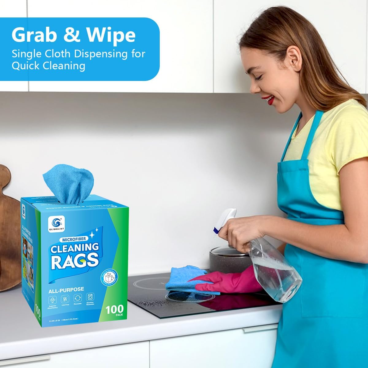 GLIMGLINT Microfiber Cleaning Cloth, 100 Pack Cleaning Rags, Lint-Free, Ultra Absorbent Reusable Paper Towels for Home, Kitchen, Car, Garage or Shop, Dish Rags, 11" x 9", Blue