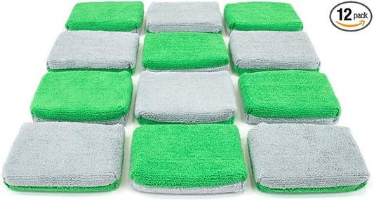 Autofiber Thin [Saver Applicator Terry] Ceramic Coating Applicator Sponge | 12 Pack | with Plastic Barrier to Reduce Product Waste. (Green/Gray)