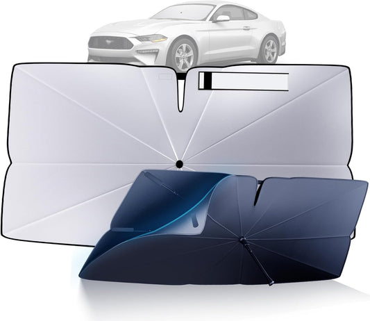 Windshield Sun Shade Umbrella for 2015-2023 Ford Mustang Accessories: Custom Fit 240T Silver, Double Thickened, Foldable Sunshade Window Sun Visor, Ultimate 99% UV Blocking for EcoBoost, GT, Mach 1