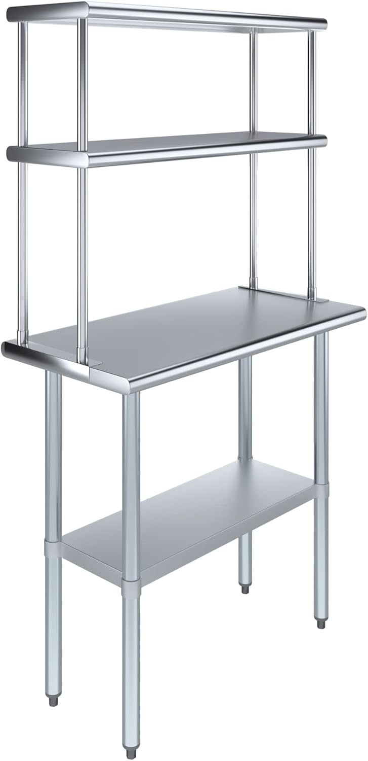 Amgood Stainless Steel Work Table Double Tier Overshelf | Metal Kitchen Prep Table & Shelving Combo (18" x 36" Work Table + 12" Overshelf)