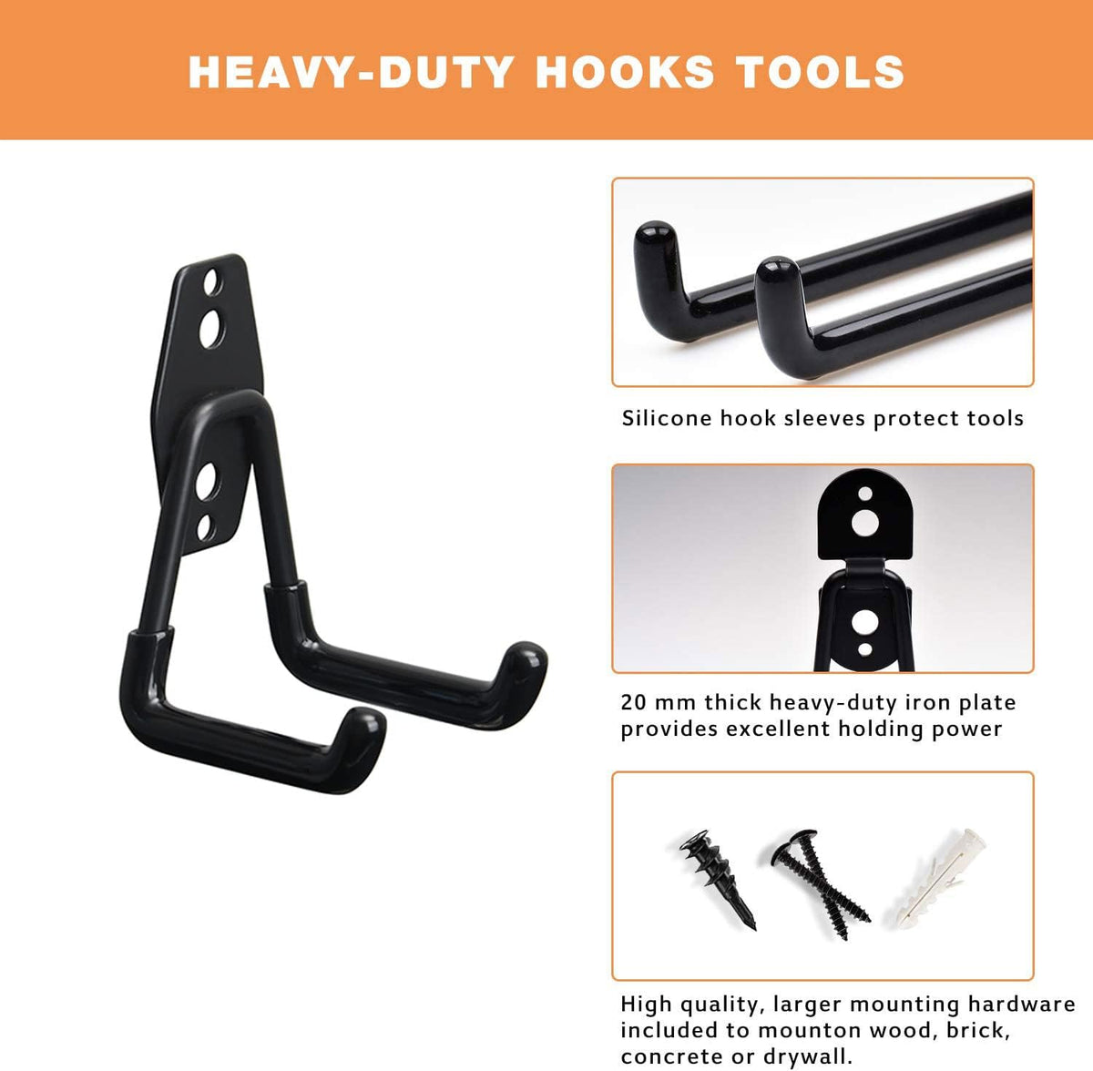 Garage Storage Utility Hooks - 2.8 Inch Wall Mount Hanging Hook, Tool Organizer, Heavy Duty Double Hook