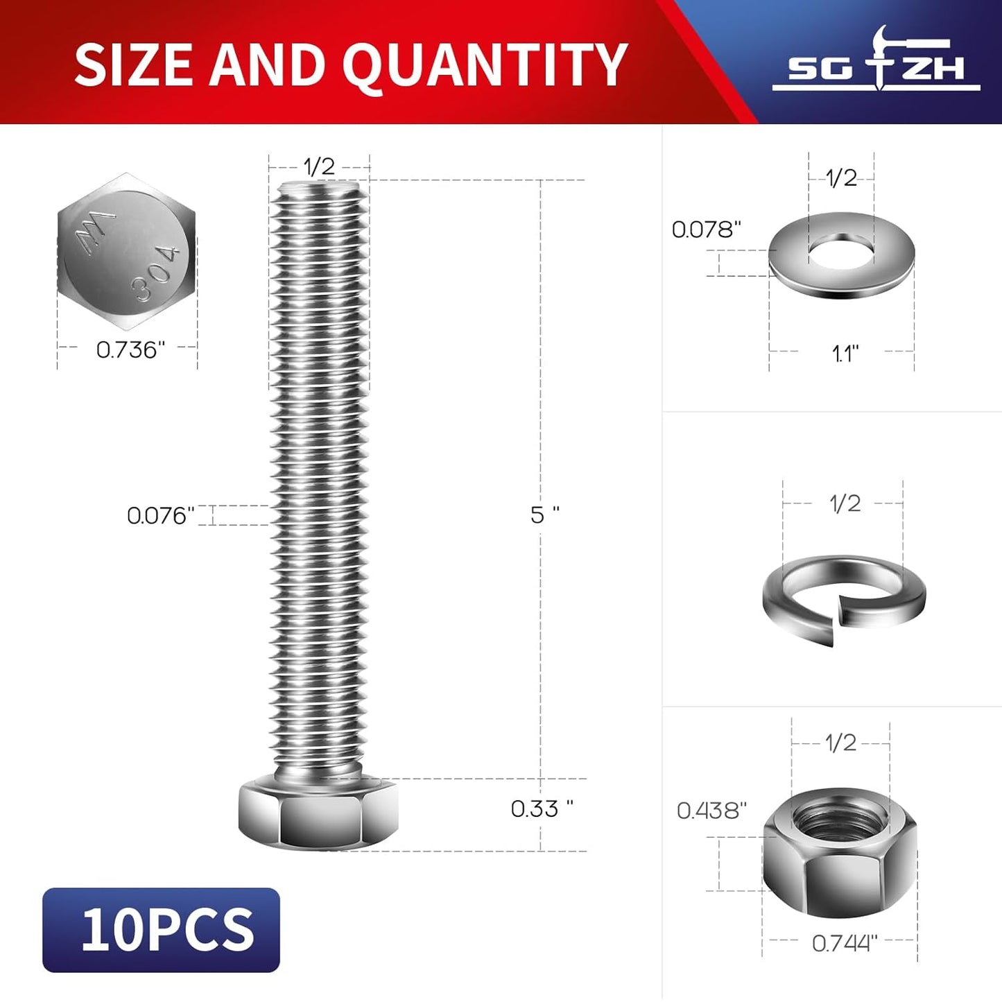 1/2-13 x 5" Hex Head Screw Bolt, Nuts, Flat & Lock Washers, 10Pcs 18-8 (304) Stainless Steel, Fully Threaded, by SG TZH