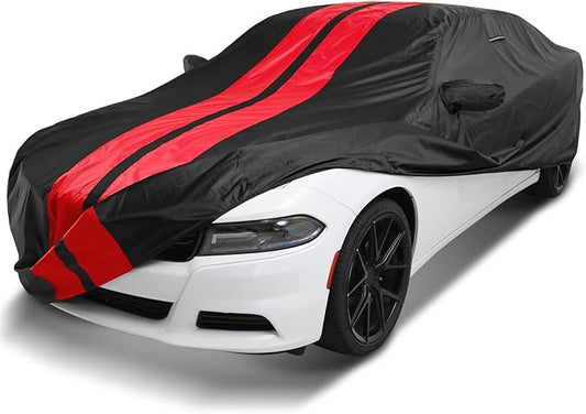 iCarCover Custom Car Cover Compatible with Charger 2006-2024, Waterproof All-Weather Rain Snow UV Sun Protector Full Exterior Indoor Outdoor Car Covers, Stripe (Black/Red)