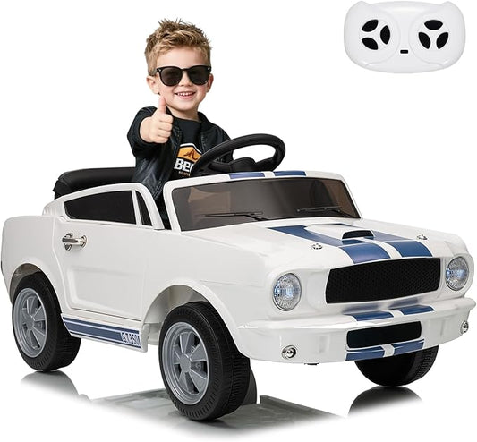 12V Ride on Car Licensed Shelby GT350, Battery Powered Ride On Toy for Toddlers with Remote Control, Electric Car for Kids, Bluetooth, Shock Absorbers, Safety Belt, 3 Speeds, LED Lights, Music, White