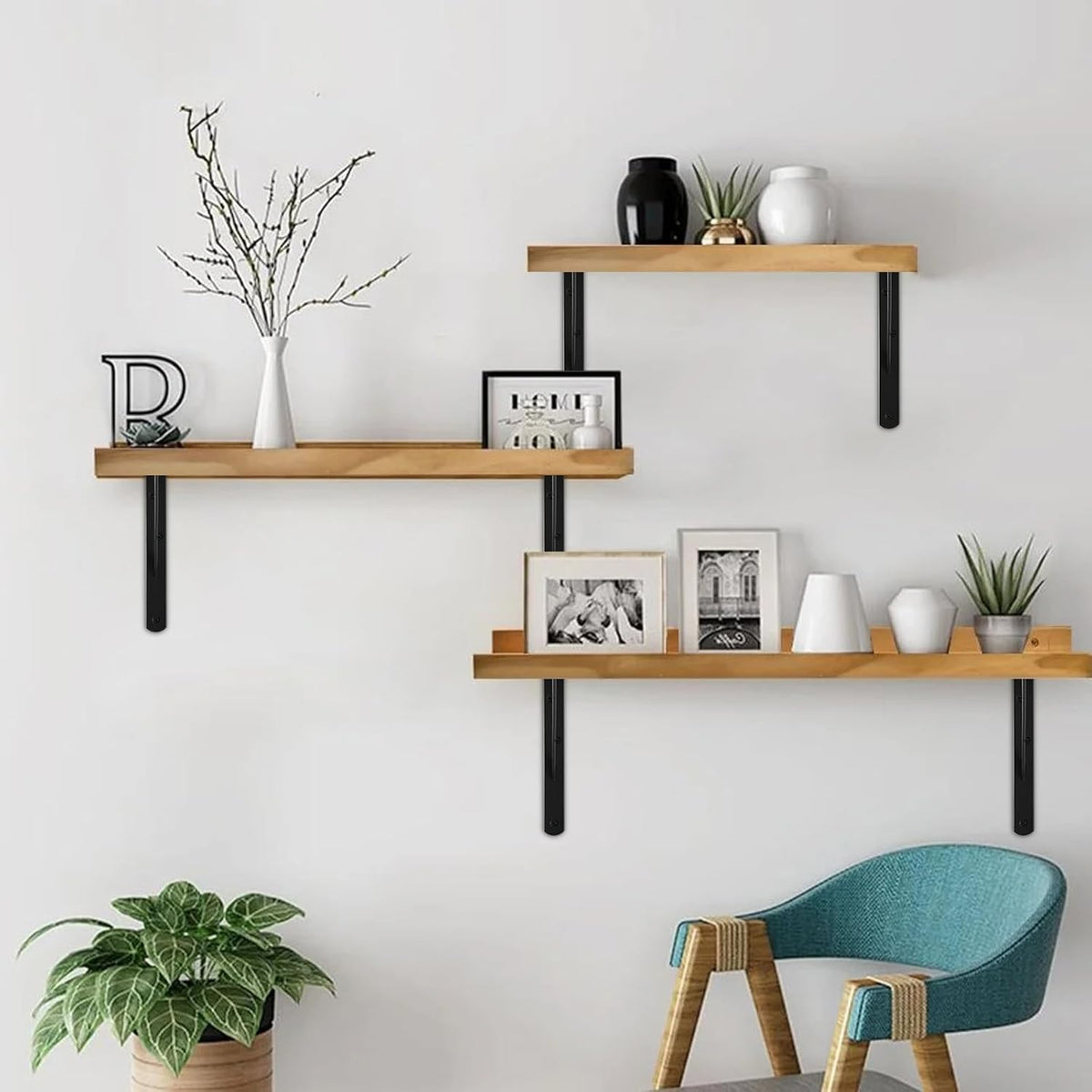 4 Pack L12 x H 8" Black Heavy Duty Shelf Brackets with Screws Metal Shelf Brackets Shelf Support Angle Brackets for Shelves L Brackets Heavy Duty Floating Shelf