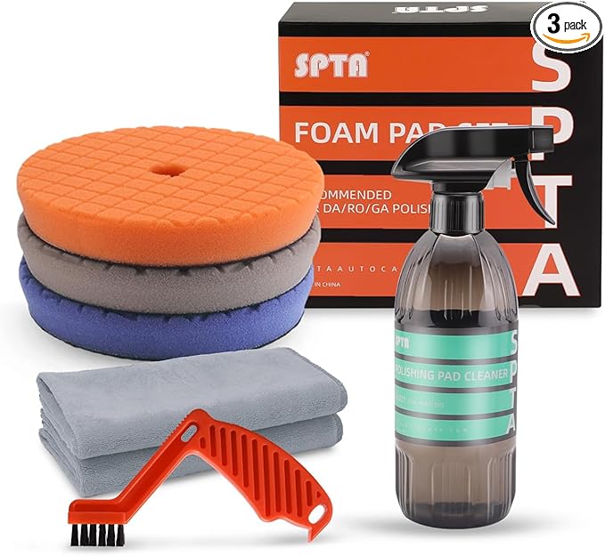 SPTA Buffing Polishing Pads Kits, with 3Pcs 5.5 Inch Polishing Pads,16oz Polishing Pad Cleaner, 2 Microfiber Towel and 1 Pad Cleaning Brush, All for Car Buffer Polisher, Polishing and Buffing