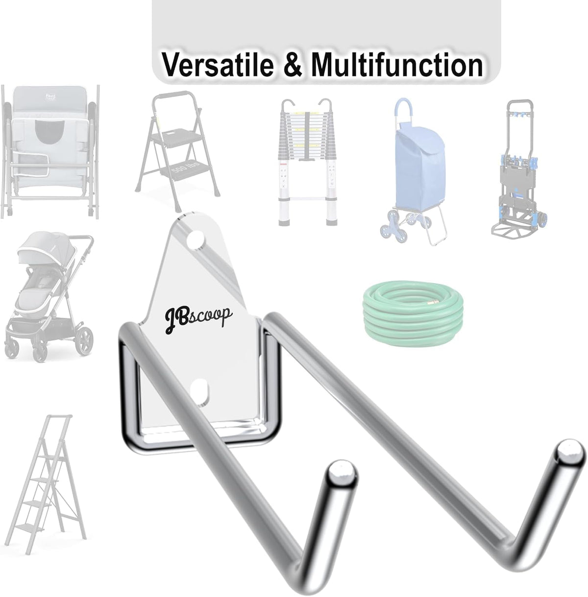 JBscoop 4 Stainless Steel 304 Garage Hooks, Heavy Duty Organizer & Wall Mount Hanger Rack for Tools, Equipment, and More, Rust-Resistant & Durable