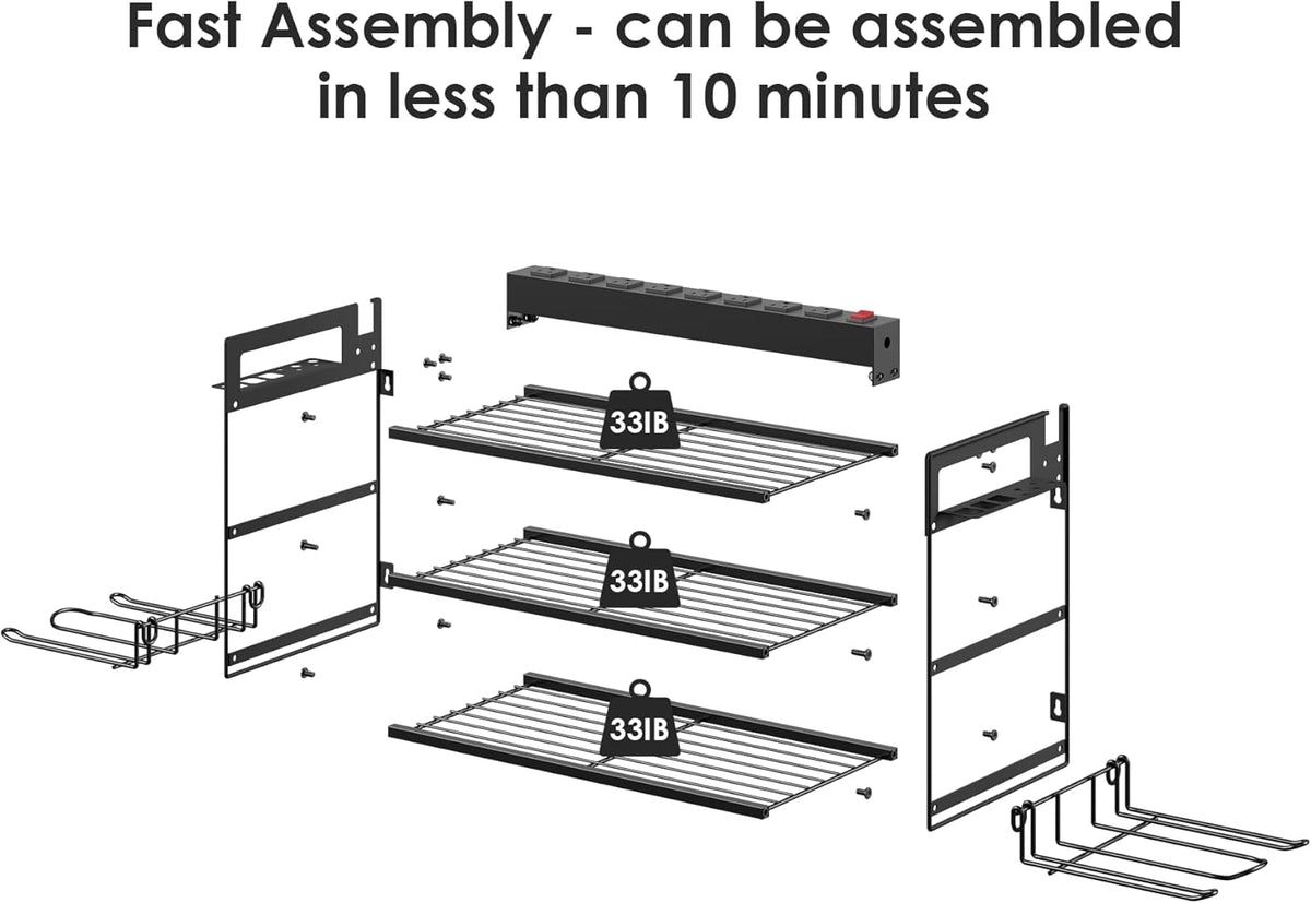 CCCEI Garage Tools Storage with Charging Station. Power Tool Battery Organizer Utility Shelf with Power Strip. 4 Drills Holder Wall Mount Rack, Black 3 Layer.