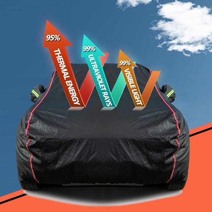 AUQDD 6-Layers PEVA New Material Sedan SUV Full Padded Car Cover Waterproof All Weather Weatherproof UV Sun Protection Snow Dust Storm Resistant Outdoor Exterior Custom Form-Fit Straps 165"-181"Black