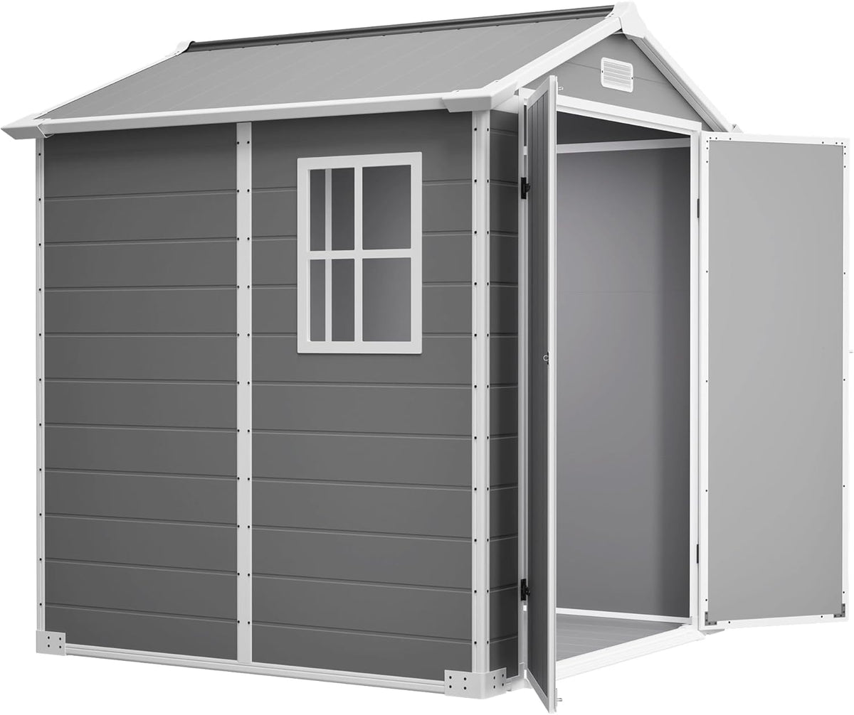 6x6 Resin Outdoor Storage Shed Kit-Perfect to Store Patio Furniture, Garden Tools Bike Accessories, Beach Chairs and Lawn Mower, Grey & White