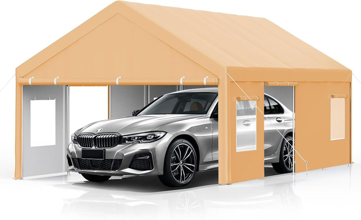 Heavy Duty Carport 13x25 FT Oversized Portable Garage with 4 Doors & 4 Windows, Reinforced Frame, All Weather Protection Outdoor Shelter Canopy for Cars, Boats, Trucks, BBQ and Gatherings (Yellow)