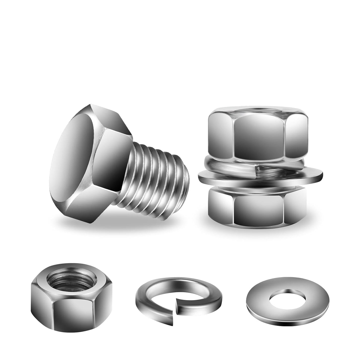 1/4-20 x 1/2" Hex Head Screw Bolt, Nuts, Flat & Lock Washers, 10Pcs 18-8 (304) Stainless Steel, Fully Threaded, by SG TZH