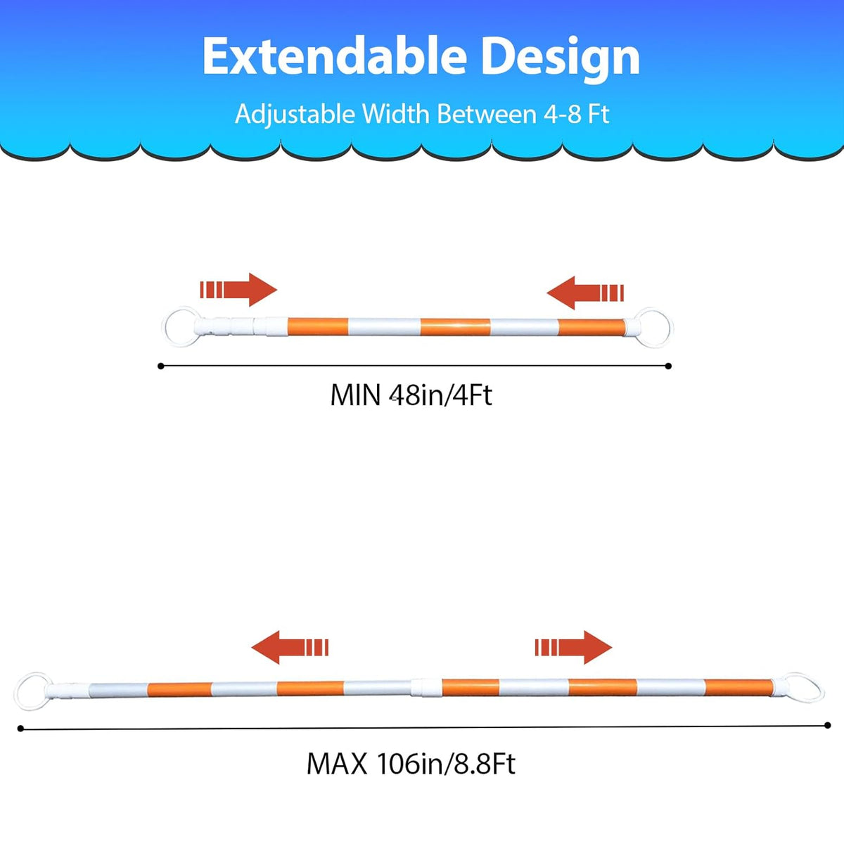 8-Pack Retractable Traffic Safety Cone Bar - 4Ft to 8.8Ft Expandable - PVC Extendable Barricade with Reflective Strips - for Road Construction, Parking-Cone Not Included