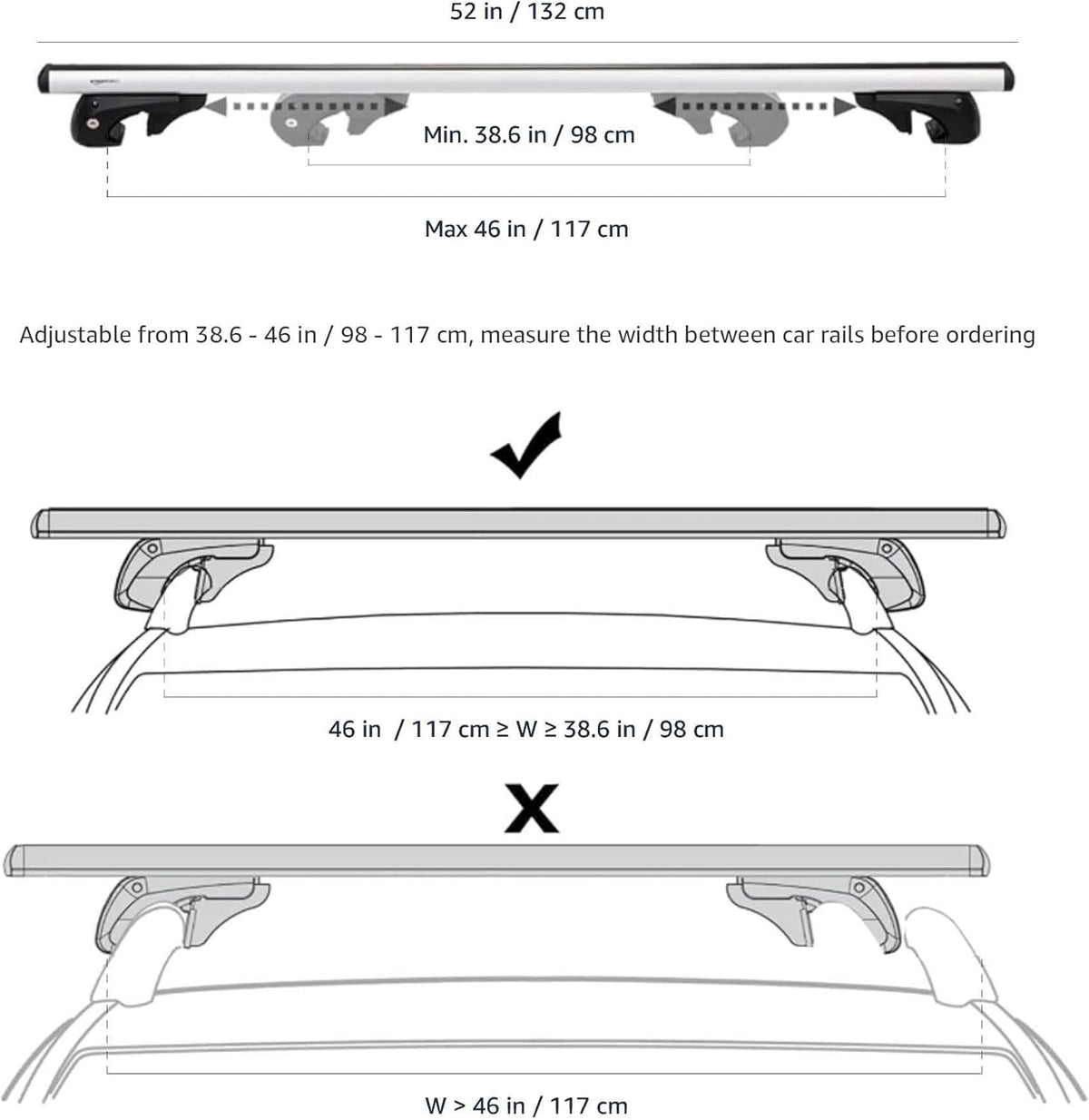 Amazon Basics Cross Rail Roof Rack, 52 inches, Fits up to 46" Spans between Raised Side Rails with Gap, Pack of 2, Black/Silver
