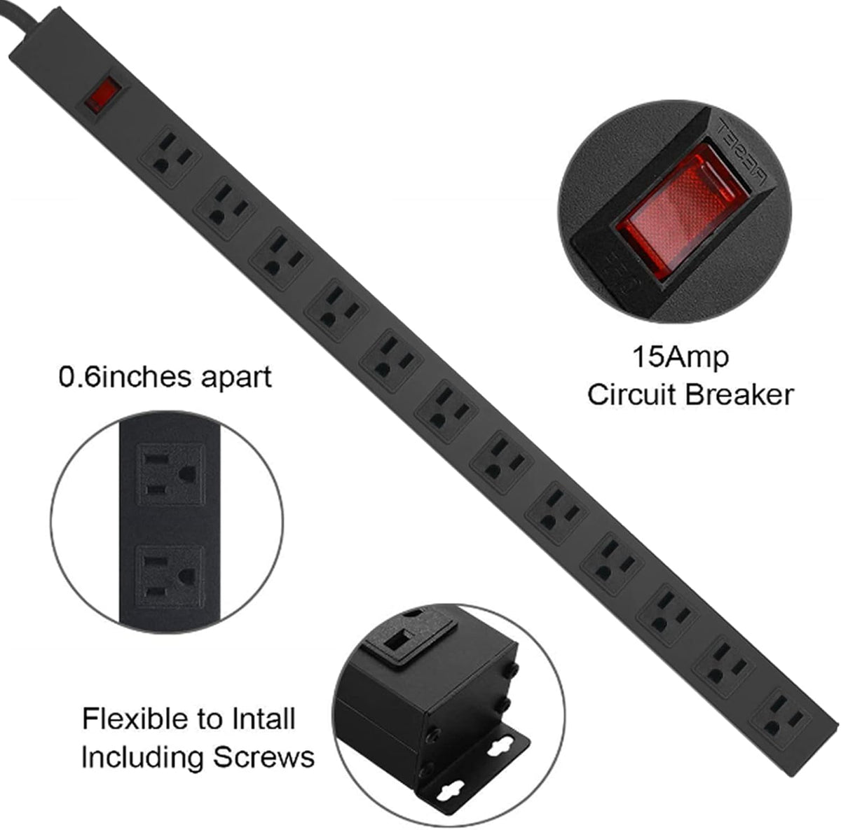 HHSOET Metal Wall Mount Power Strip, Mountable Power Outlet with 12 AC Outlets, Aluminum Alloy Mount Power Socket with Switch, 10 FT SJT 3/C 14AWG Power Cord, 15A 125V 1875W (12AC) Black