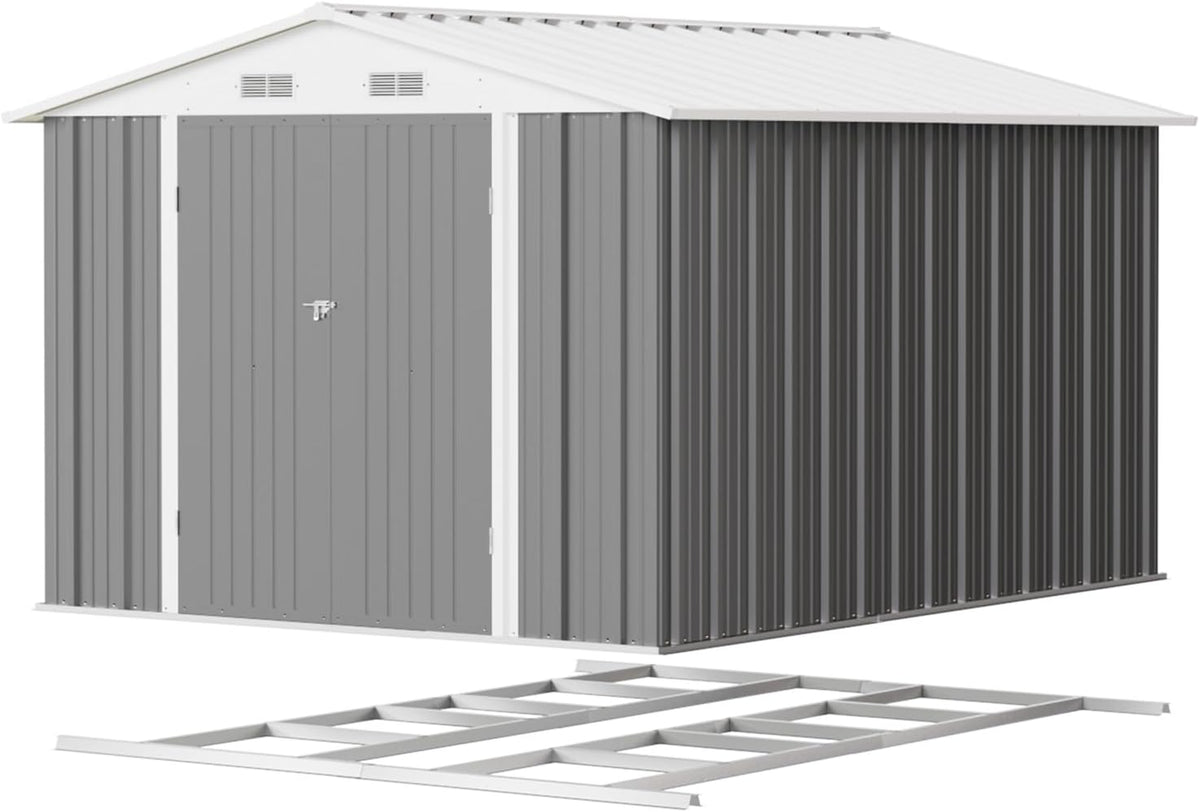 Patiowell 8x10 FT Outdoor Storage Shed with Floor Frame, Large Garden Tool Metal Shed with Sloping Roof and Double Lockable Door, Outdoor Shed for Backyard Garden Patio Lawn,Grey
