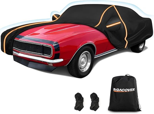 Car Cover for Chevy Camaro 1967-1981, Waterproof 210D Oxford Cloth and Cotton Cover Outdoor Full Car Covers with Zipper Windproof Heavy Duty All Weather with Wind, Sun, UV and Dust Protectio