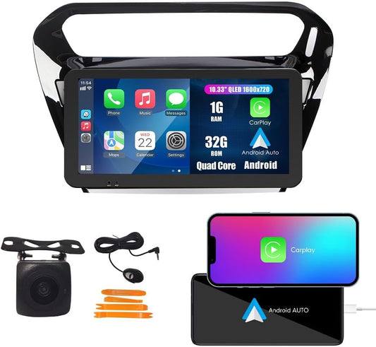 Kunfine Car CarPlay Android Auto Navigation Stereo GPS Radio Camera Display 10.33" QLED Touchscreen Headunit Tablet Media Player for Peugeot 301 2013-2022, if Applicable Quad Core 1G+32G Gloss Black