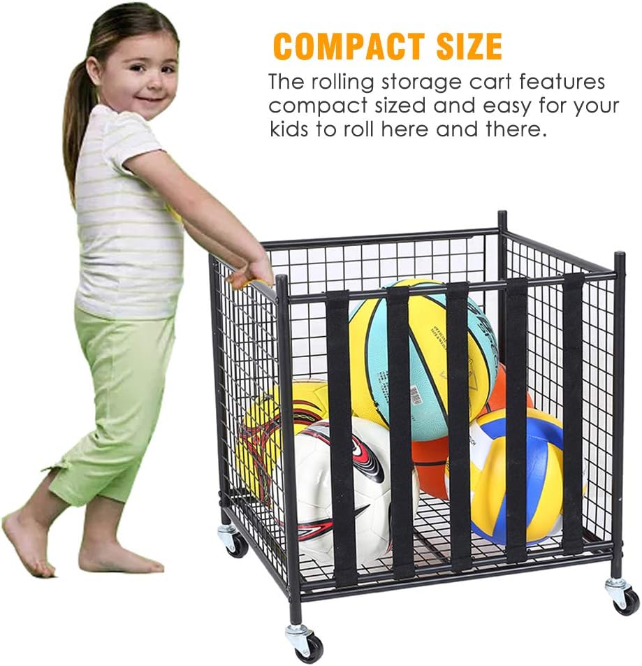 Snail Garage Sports Equipment Storage Organizer Sports Ball Storage Rolling Cart with Basket and Hooks Lockable Sports Ball Cage Storage Rack for Garages, Playgroup, Gym and Schools, Black