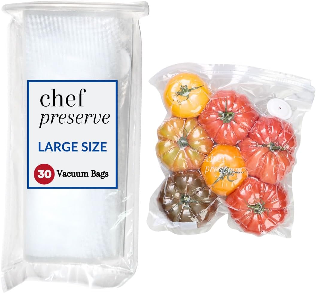 Chef Preserve Reusable Vacuum Sealer Bags for Food – 30 BPA-Free Large (12 x 13 in) Food Storage Bags, Freezer, Microwave – Odor-Resistant, Leak-Proof – Compatible with Chef Preserve Vacuum Sealers