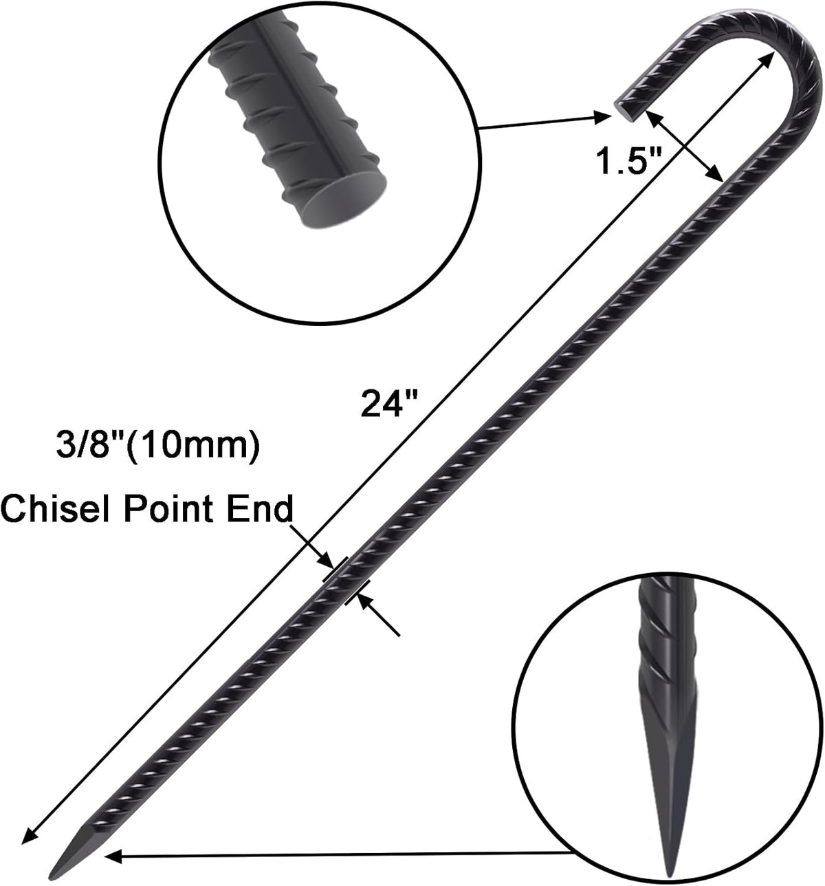 VVOKGO Rebar Stakes 24 Inch J Hook Heavy Duty Ground Anchors (8pcs), 3/8 Inch Diameter Metal Steel Extra Long Fence Stakes with Chisel Point End for Greenhouse, Gazebo, Carport, Camping Tents, Black