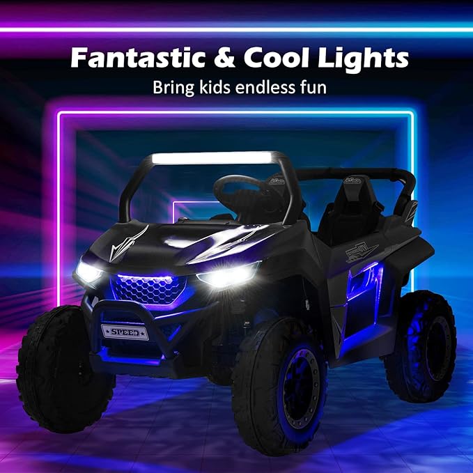 Costzon 2-Seater Ride on Car for Kids, 12V Kids' Electric Vehicles w/Remote Control, 4 Shock Absorbers, Wireless Music & FM, 3 Speeds, Ambiance Lights, Electric UTV, Kid Car Toy for Boys, Girls(Black)
