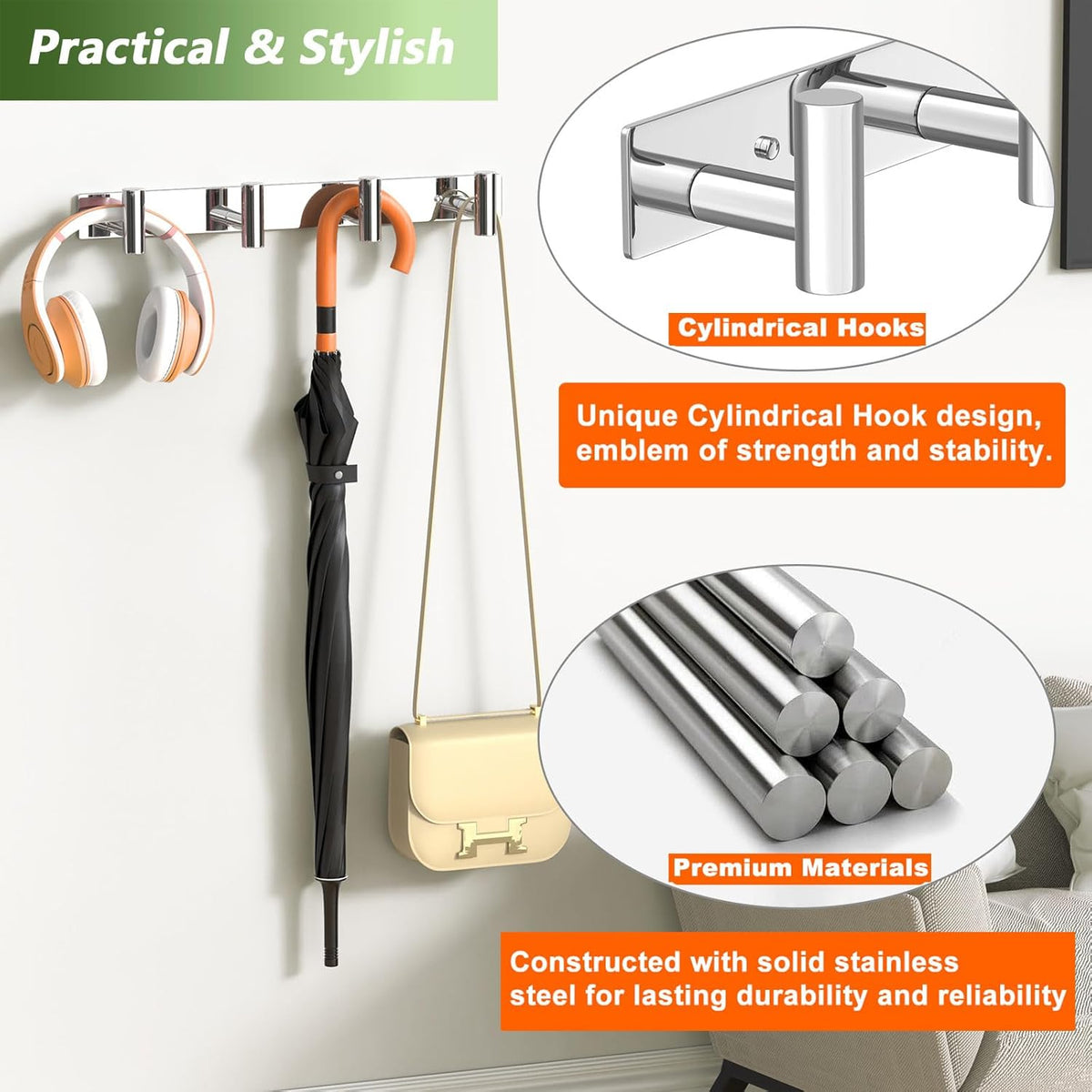 Wall Mounted Coat Rack-4 Hooks, Heavy Duty Stainless Steel Hook Rail for Towel Coat Hat Purse Bag Jacket, Towel Hooks for Entryway Bathroom Kitchen (Glossy 4 Hooks - 1 Pack)
