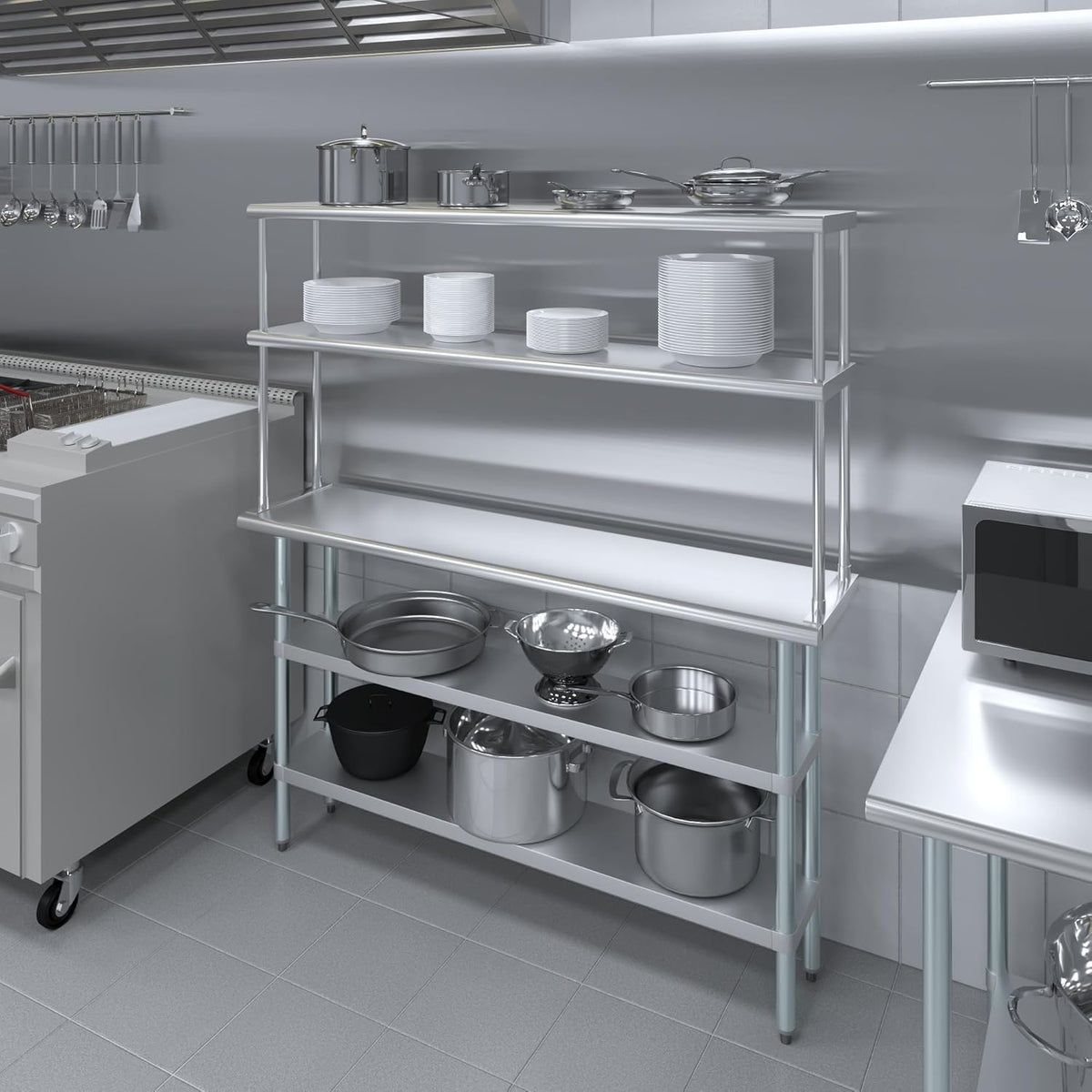 Amgood Stainless Steel Work Table with 2 Shelves | Metal Kitchen Prep Table & Shelving Combo (14" x 60" Table with 2 Shelves + 12" Overshelf)