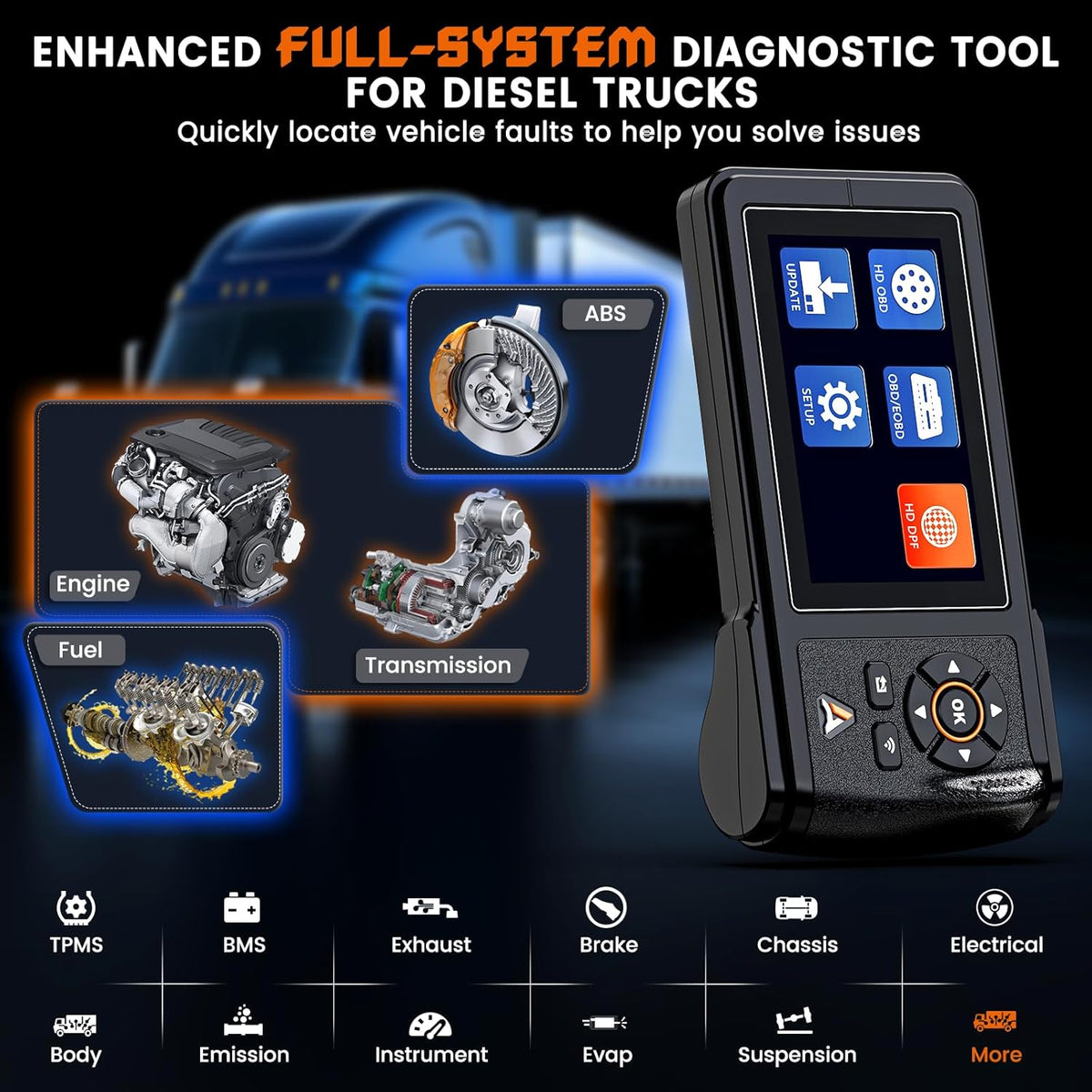 ANCEL HD430 Heavy Duty Truck Scanner, DPF Reset & Forced Regeneration for Cummins & Caterpillar Engine, Full System HDOBD Diesel Scanner OBD2 Diagnostic Scan Tool Code Reader for Diesel Trucks & Cars