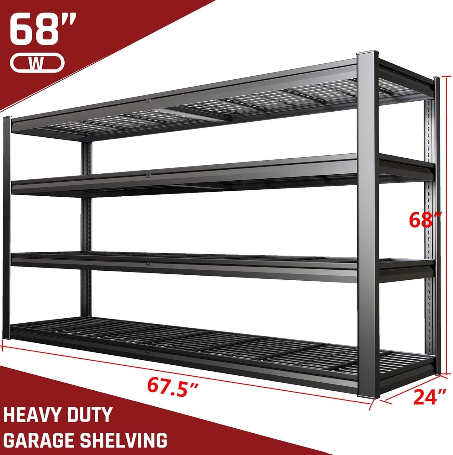 68" W Garage Shelving Unit, 68" W x 24" D x 68" H, Heavy Duty Garage Storage Shelves, 4 Tier Storage Rack Shelf, Industrial Adjustable Shelves for Basement Warehouse, 2 Pack