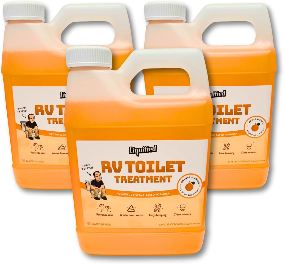 Liquified RV Toilet Treatment - Orange, 32oz Standard Pour Bottles (3-Pack) Odor Control, Waste Breakdown & Septic Safe - Made in USA