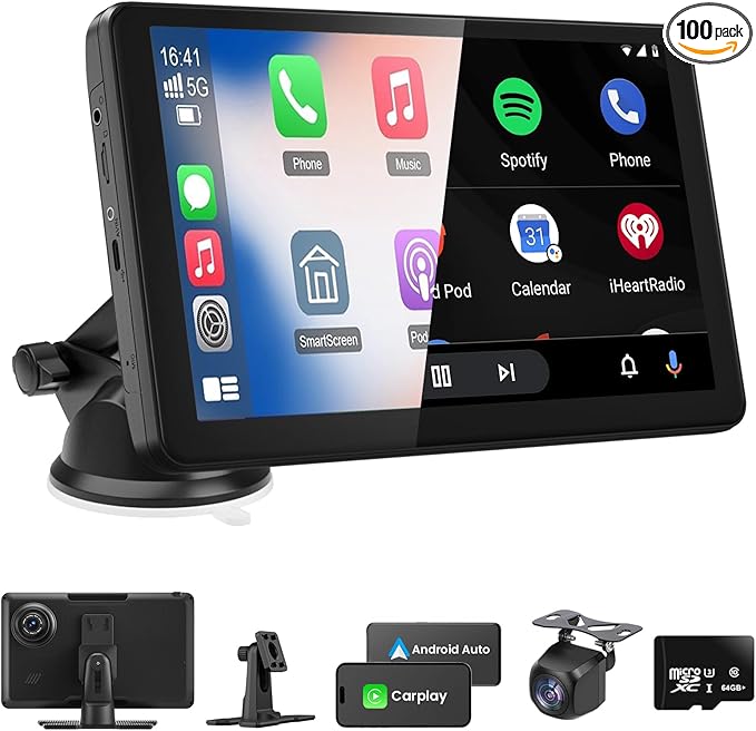 Wireless Portable Carplay Screen with 4K Dash Cam, 9" HD Touch Screen with A-pple Carplay & Android Auto Car Stereo, with 1080p Backup Camera, GPS Navigation/Mirror Link/Voice Control/Bluetooth
